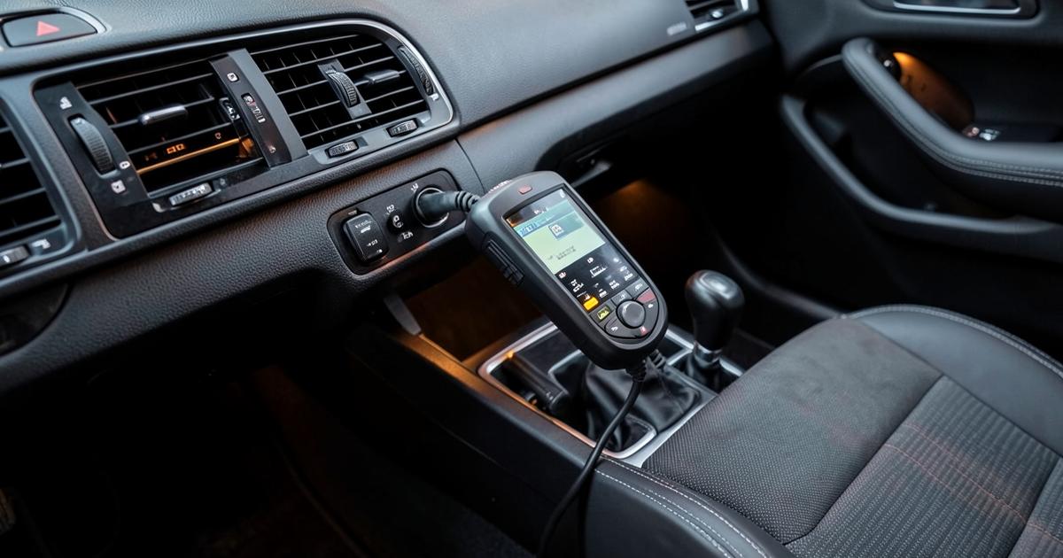 جهاز فحص OBD2 موصول تحت لوحة قيادة السيارة يعرض بيانات تشخيصية